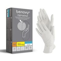 Перчатки нитриловые BENOVY размер L, белые, текстурированные, комплект 50 пар